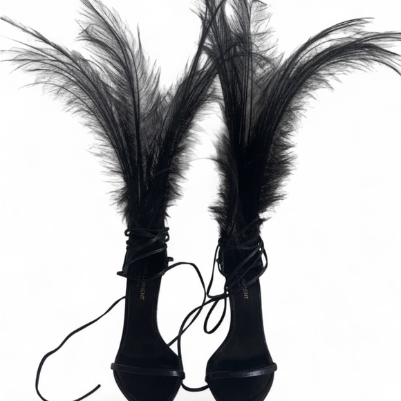 YSL Black Feather Lace-Up Stiletto Sandals - Picture 2 of 10